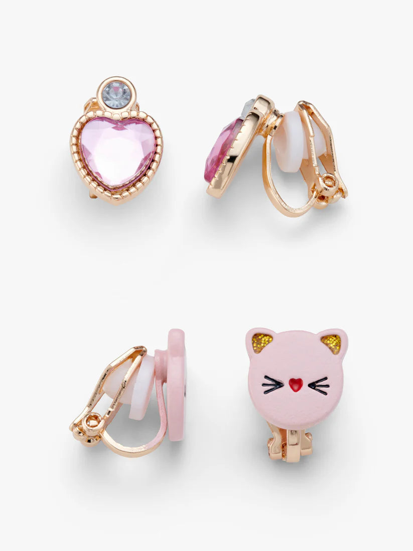 Clip-On Earrings 2 Pairs Cat & Pink Gem