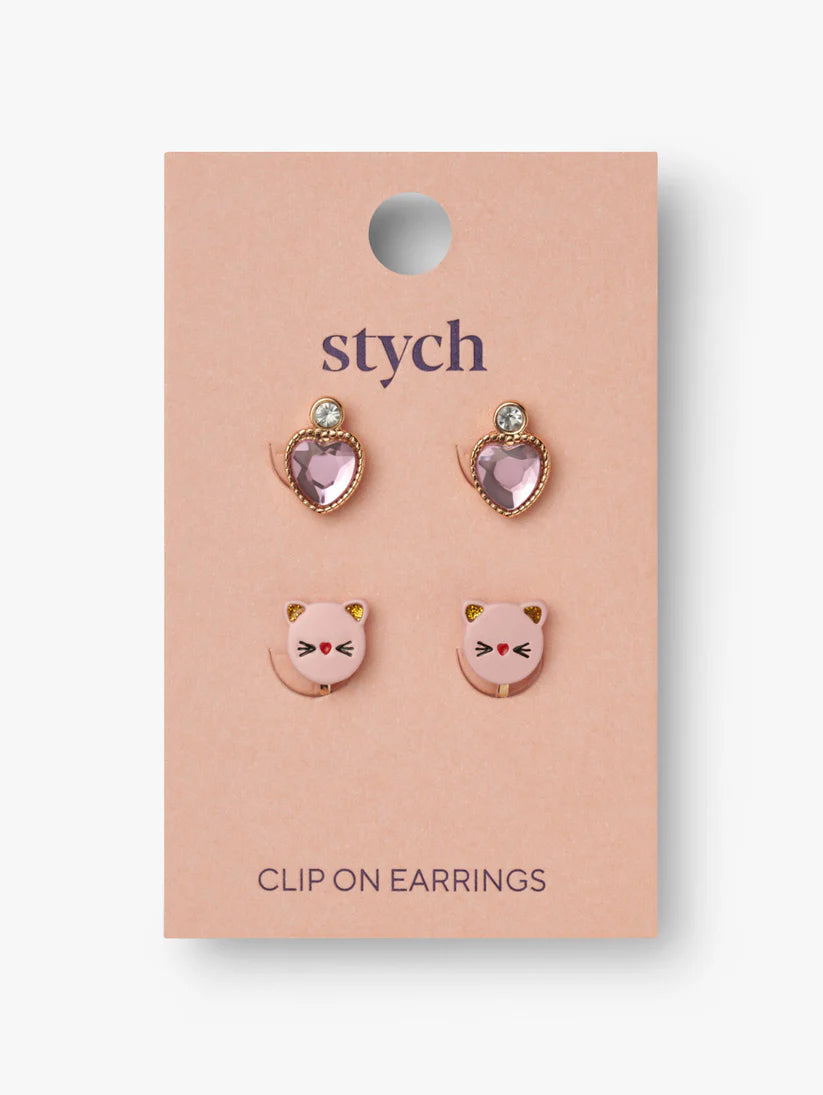 Clip-On Earrings 2 Pairs Cat & Pink Gem