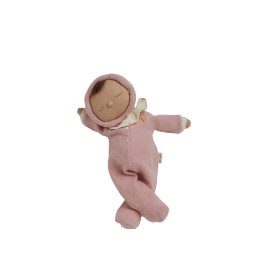 Blush pink Dozy Dinkum doll in a mushroom hood from Olli Ella – Toadstool Pip front view.