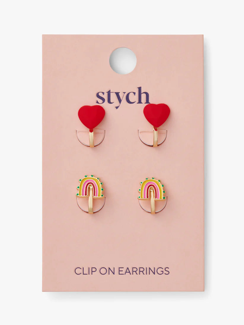 Clip-On Earrings 2 Pairs Rainbow & Heart