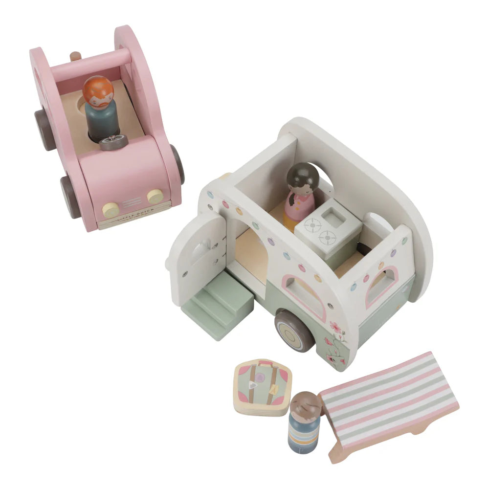 Little Dutch Wooden Pink Toy Car with Caravan