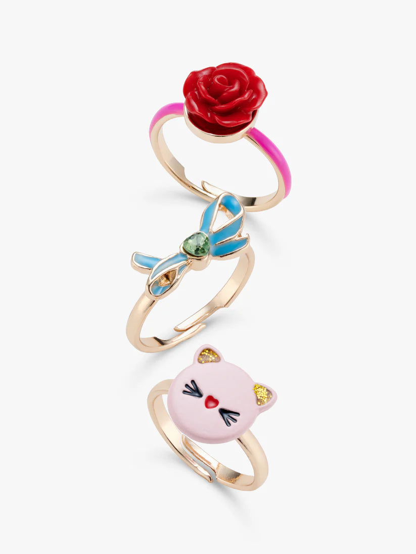 Cat Face, Bow, and Rose Adjustable Ring Set