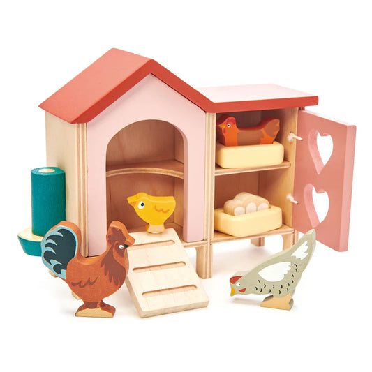 Tender Leaf Toys Wooden Chicken Coop Play Set with hens, rooster, chick, and accessories - Grace and Fox